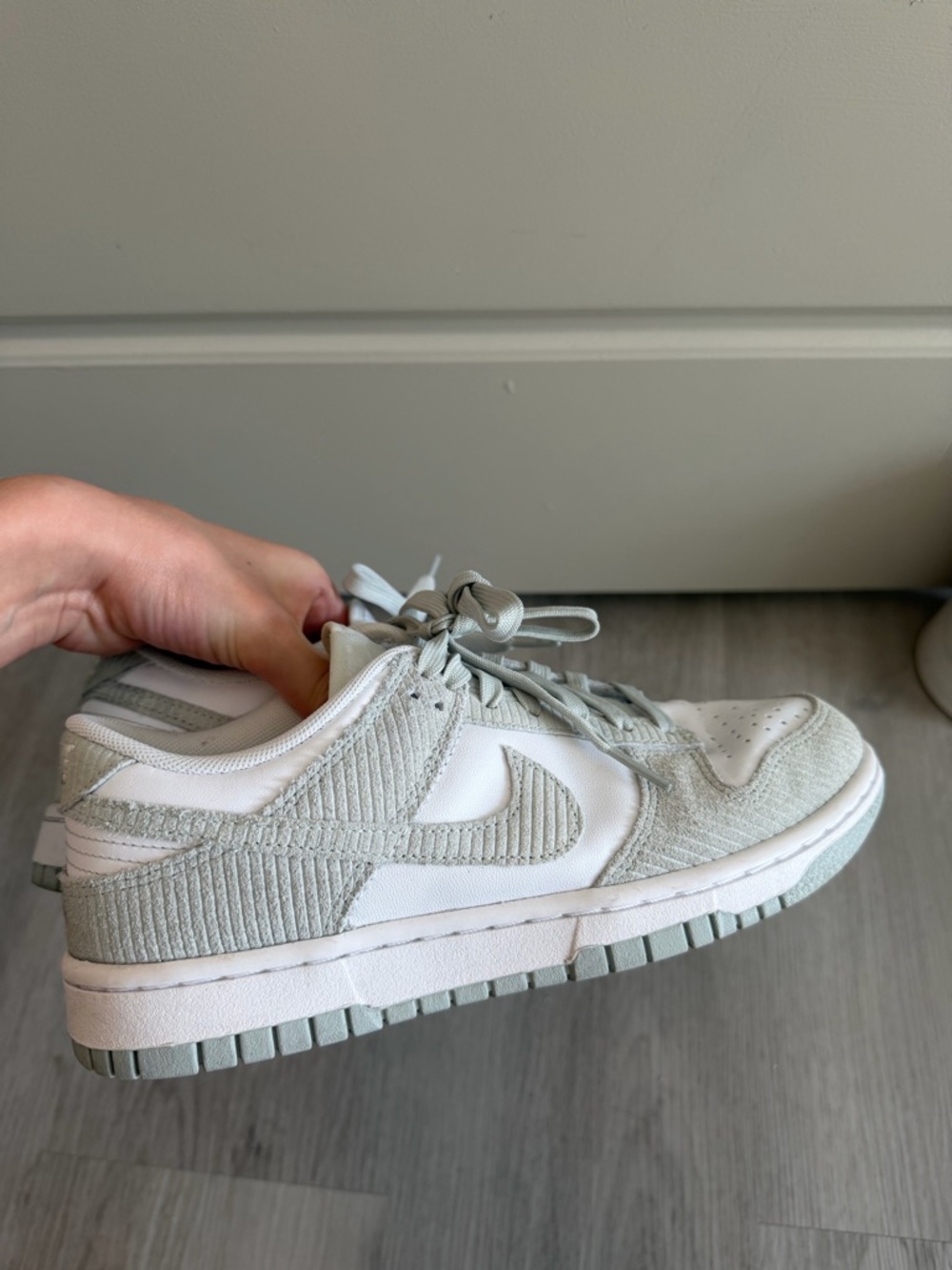 Nike Low Top Dunks Sneakers in Light Gray/Green and White Corduroy